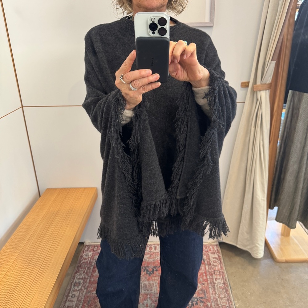Autumn Cashmere Fringed Charcoal Gray Poncho One Size